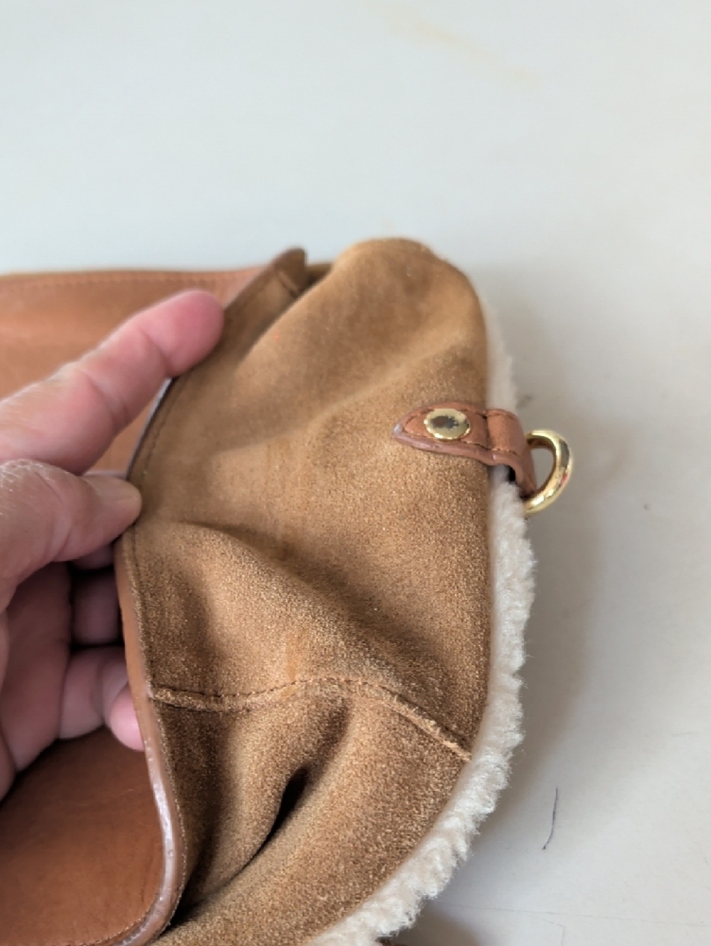 UGG Tan Suede Crossbody with Floral Embroidery Wool Trim Roomy Chic Lightweight - Picture 8 of 13